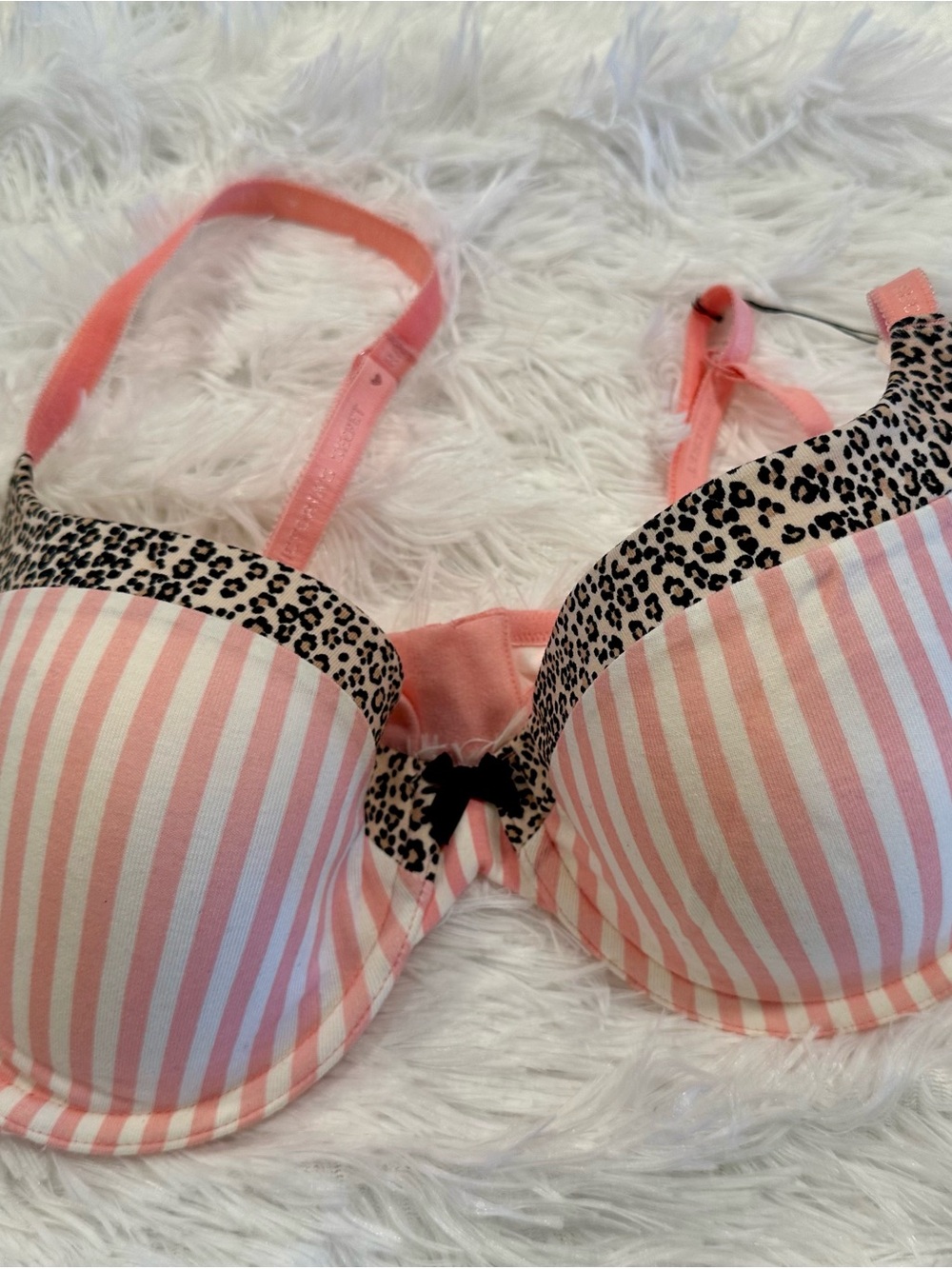 🩷 Victoria’s Secret Cotton Lined Bra 38C Pink Stripe Leopard Trim